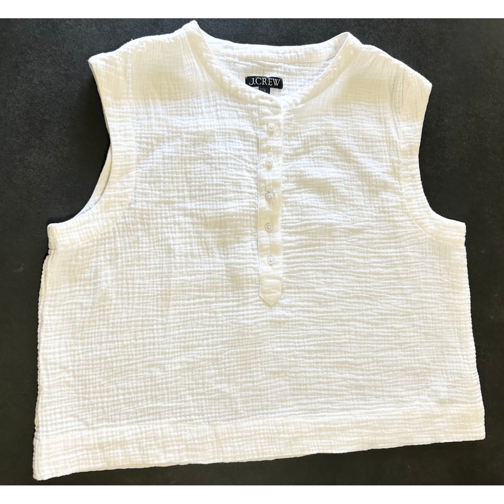 J.Crew Soft Gauze Boxy Top Women's L White Sleeveless Henley Relaxed Minimalist